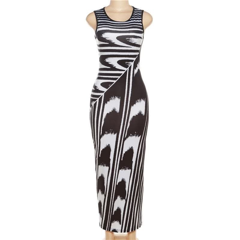Striped contrast sleeveless round neck maxi dress-final-sale  | Festival Outfits Women
