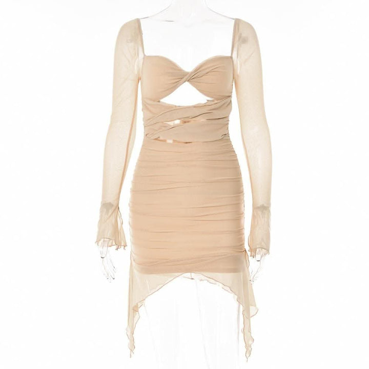 Long sleeve solid hollow out slit mesh ruched zip-up backless cut out mini dress-final-sale  | Festival Outfits Women