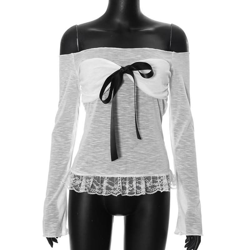 Off shoulder bowknot lace hem mesh long sleeve top-final-sale