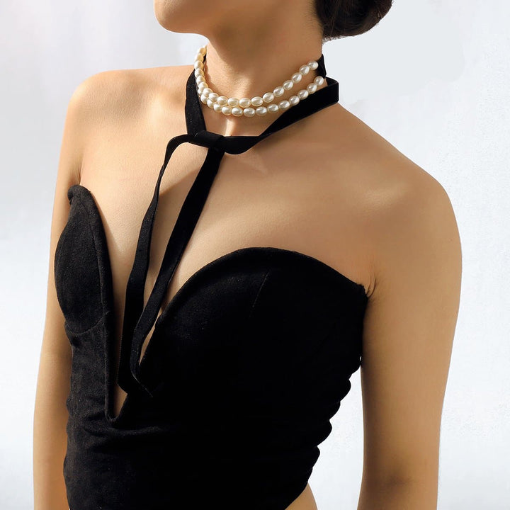 Faux pearl ribbon velvet layered choker necklace  | Festival Outfits Women