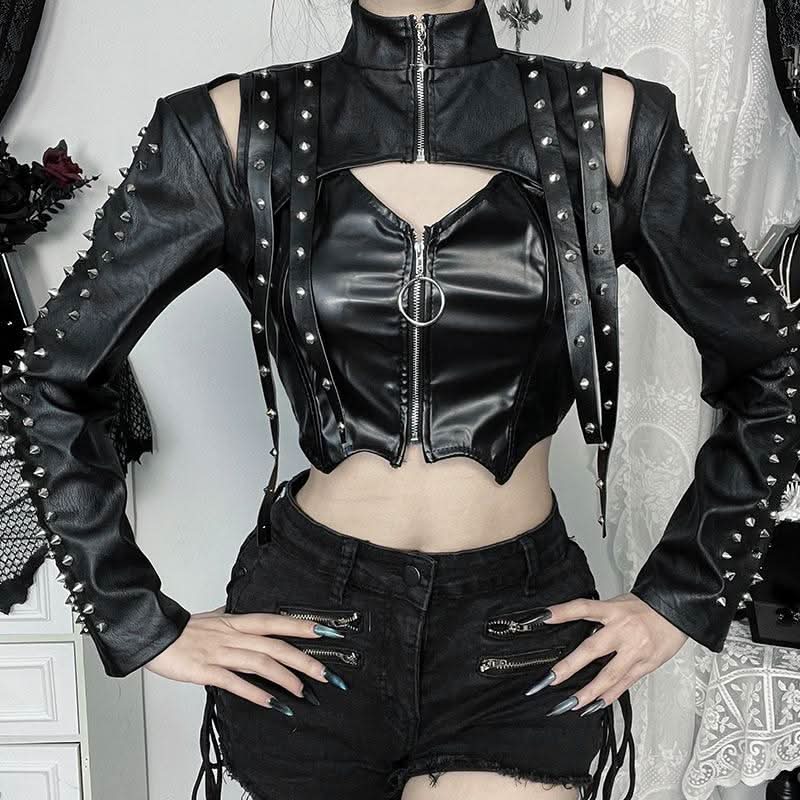 High neck PU leather zip-up hollow out shrug cut out top  | Festival Outfits Women