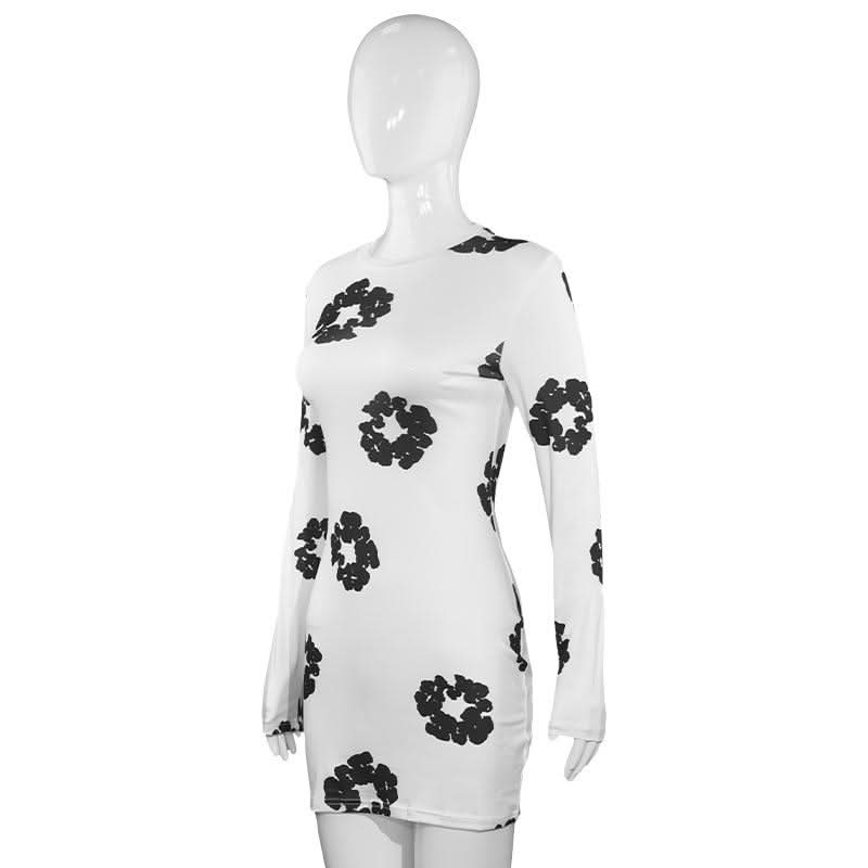 Long sleeve crewneck flower print mini dress  | Festival Outfits Women