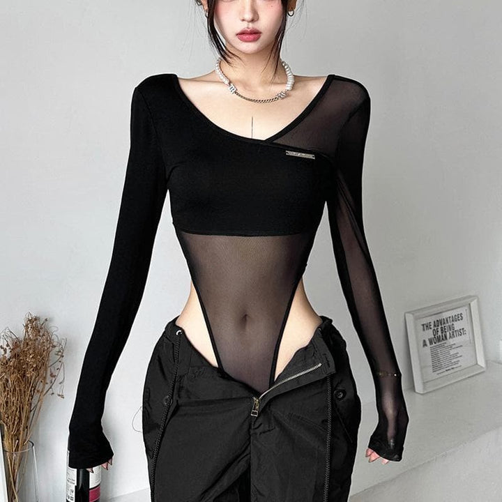 Long sleeve mesh metal tag patchwork bodysuit  | Festival Outfits Women