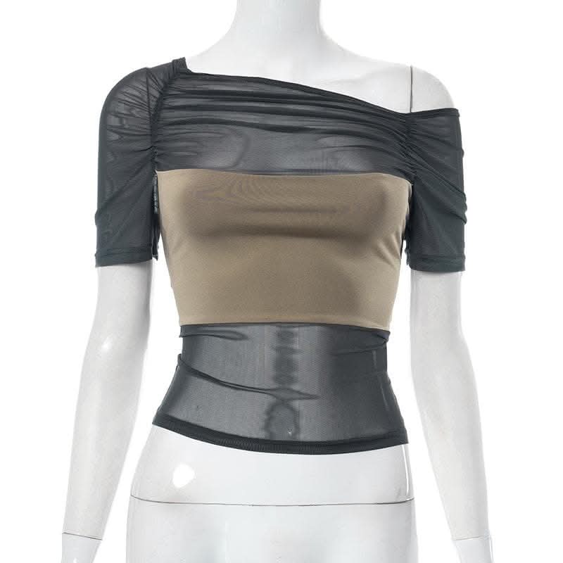 Mesh contrast patchwork short sleeve off shoulder ruched top-final-sale  | Festival Outfits Women
