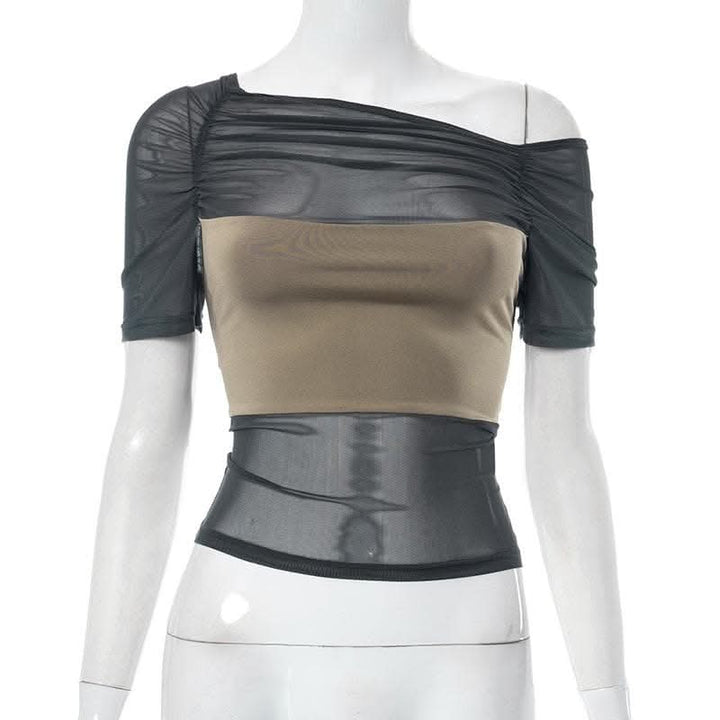 Mesh contrast patchwork short sleeve off shoulder ruched top-final-sale  | Festival Outfits Women