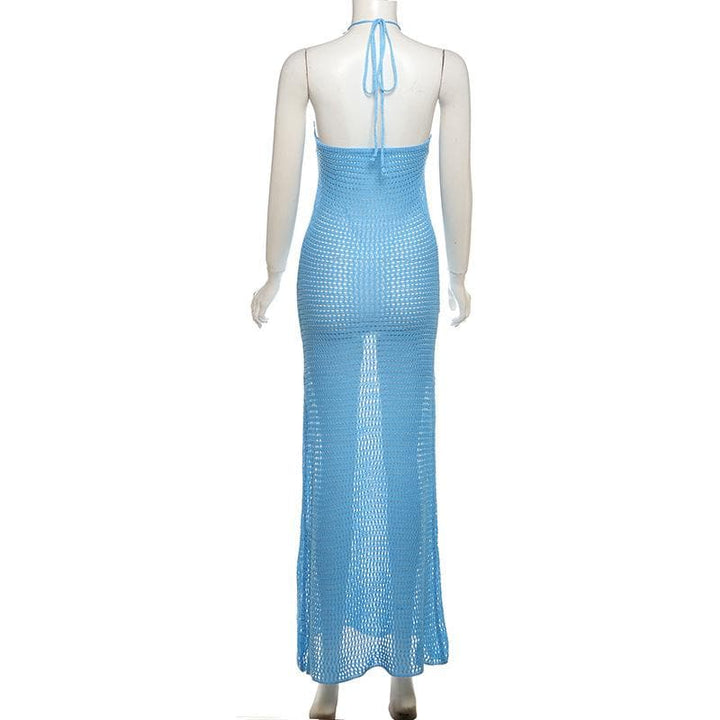 Halter knitted flower pattern see through maxi dress-final-sale  | Festival Outfits Women