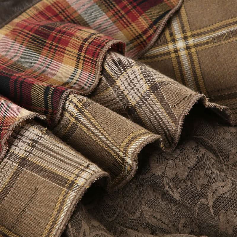 PU leather plaid patchwork belt lace hem mini skirt Cargo Mini Skirt  | Festival Outfits Women