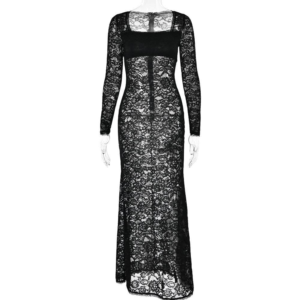 Lace see through square neck long sleeve zip-up solid maxi dress-final-sale  | Festival Outfits Women