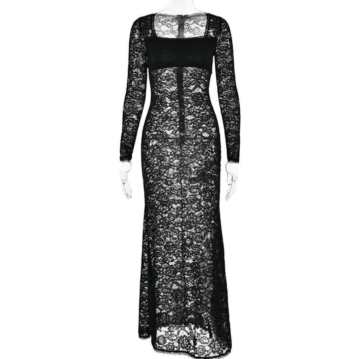 Lace see through square neck long sleeve zip-up solid maxi dress-final-sale  | Festival Outfits Women