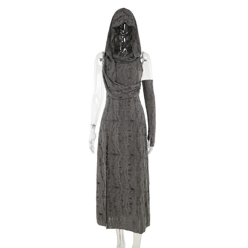 Hoodie ruched ruffle slit maxi dress-final-sale