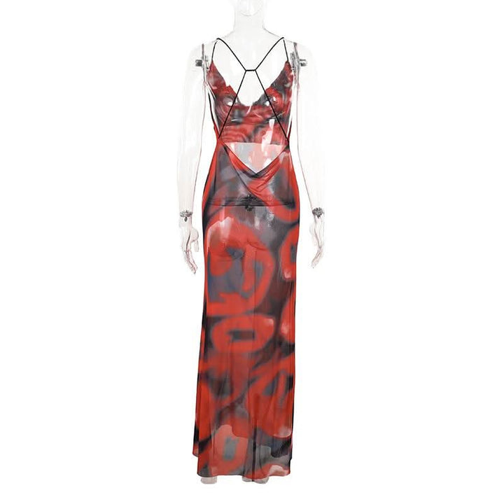 Cowl neck sheer mesh print spaghetti strap maxi dress  | Festival Outfits Women