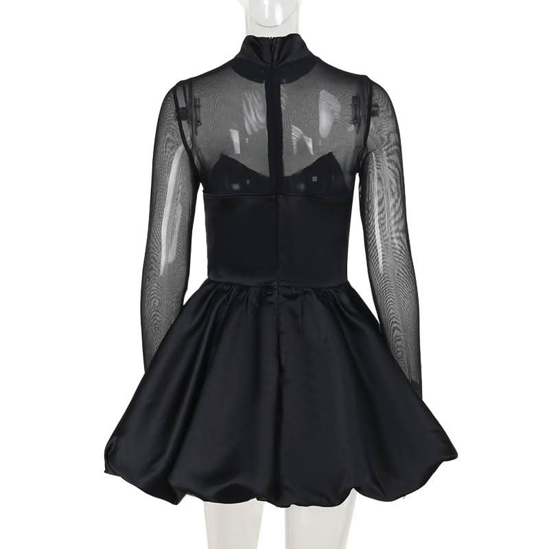 Long sleeve high neck zip-up mesh patchwork mini dress  | Festival Outfits Women