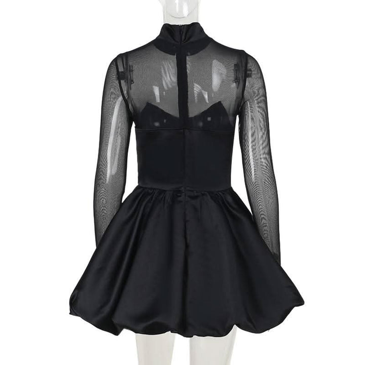 Long sleeve high neck zip-up mesh patchwork mini dress  | Festival Outfits Women