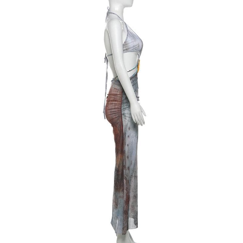 Halter self tie deep V neck sheer mesh shell applique maxi dress
