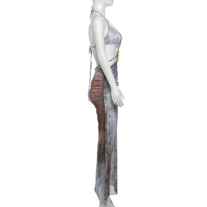 Halter self tie deep V neck sheer mesh shell applique maxi dress  | Festival Outfits Women