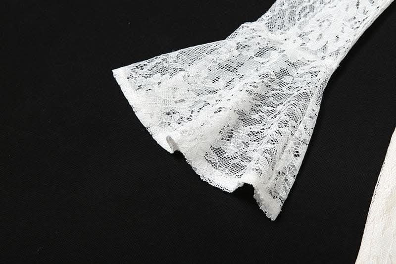 Lace solid long flared sleeve hollow out high neck ruffle mini dress-final-sale  | Festival Outfits Women
