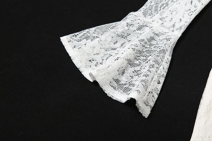 Lace solid long flared sleeve hollow out high neck ruffle mini dress-final-sale  | Festival Outfits Women