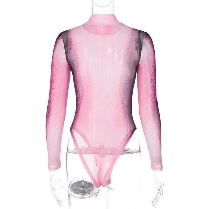 Sheer mesh see through body print high neck long sleeve bodysuit-final-sale  | Festival Outfits Women