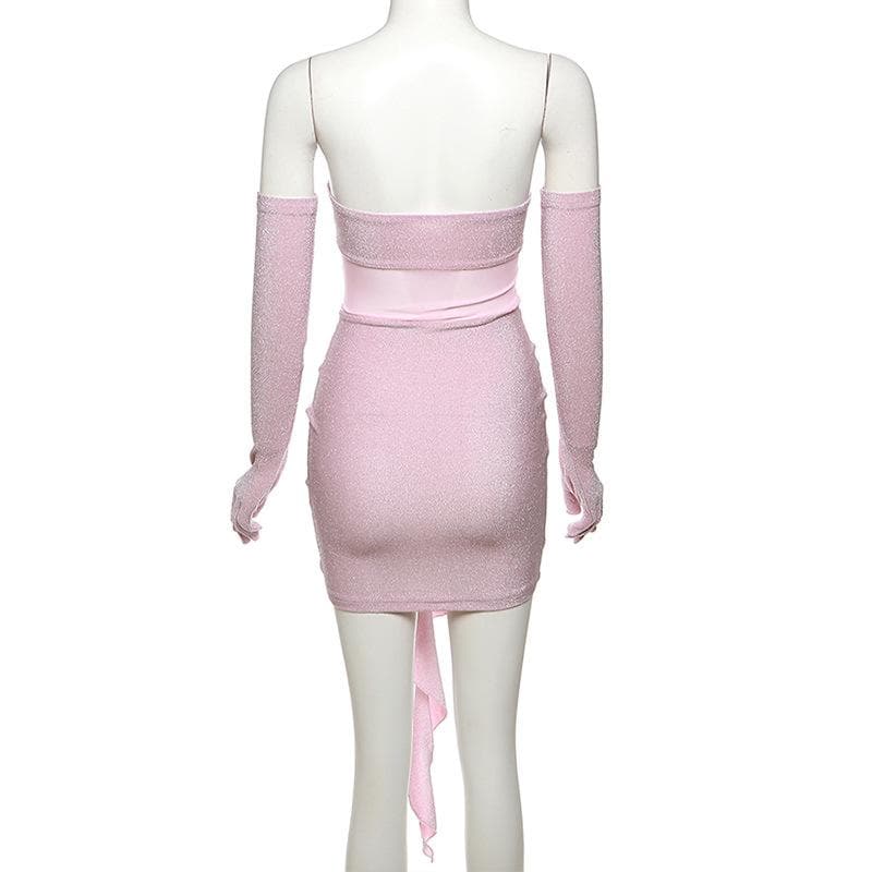 Gloves flower applique mesh patchwork ruched tube mini dress-final-sale  | Festival Outfits Women