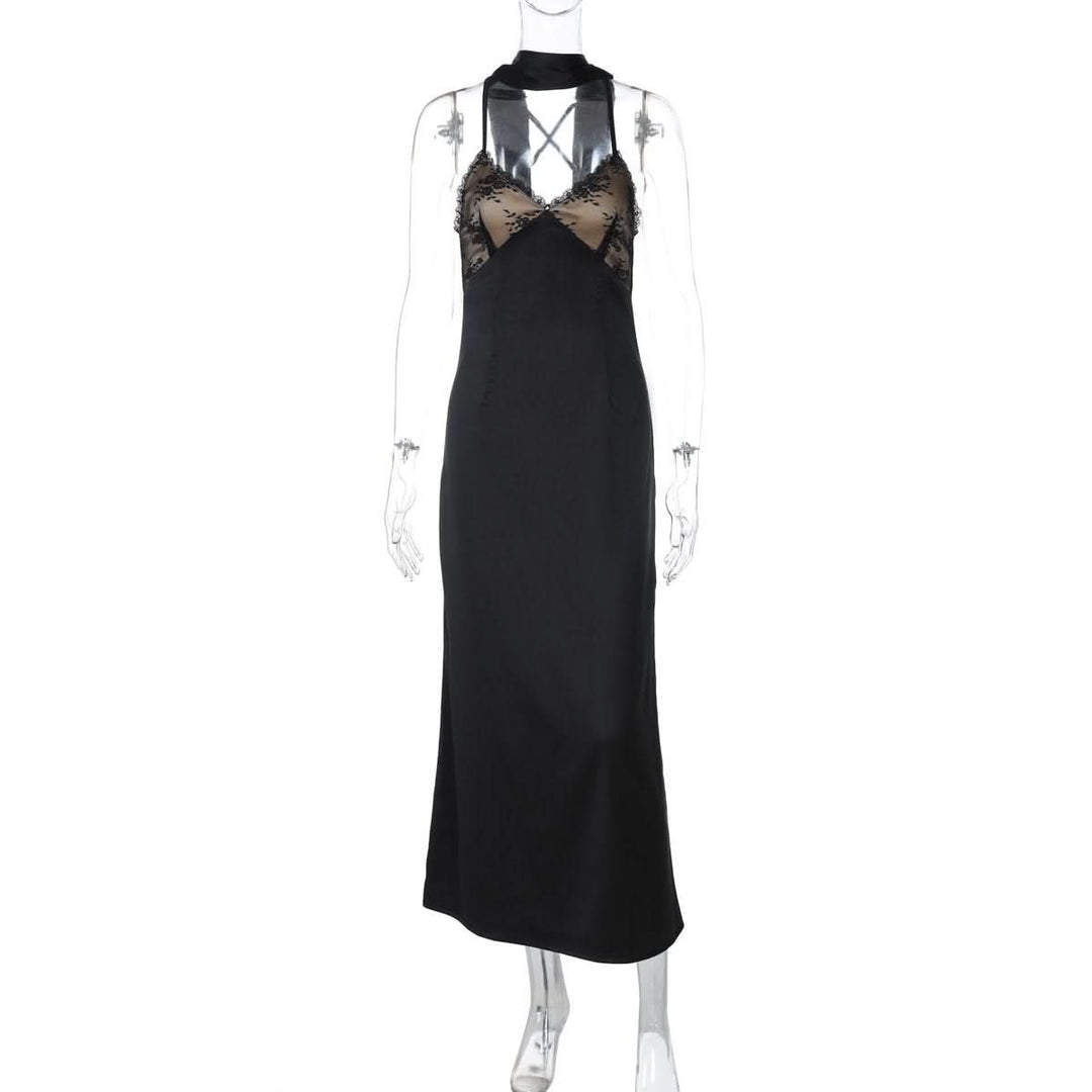 Lace hem v neck zip-up cross back cami maxi dress  | Festival Outfits Women