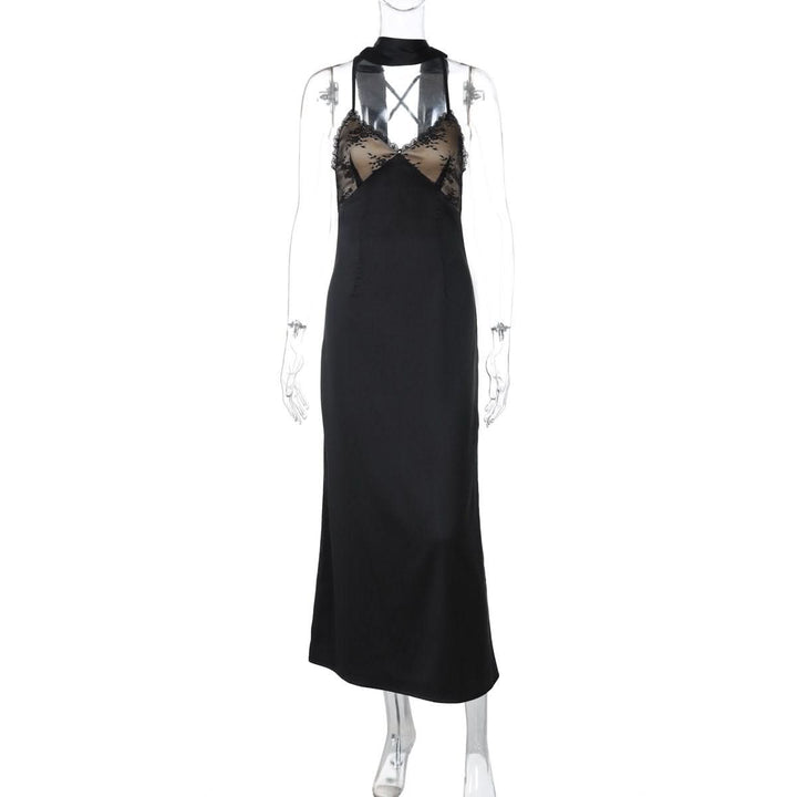 Lace hem v neck zip-up cross back cami maxi dress  | Festival Outfits Women