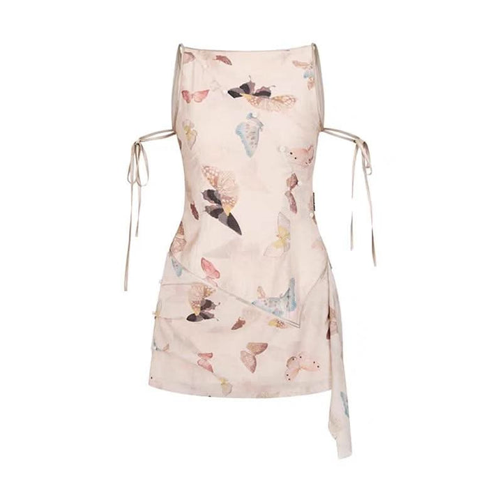 Butterfly print irregular beaded self tie top  | Festival Outfits Women