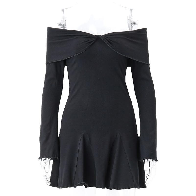 Long sleeve ruffle off shoulder solid ruched mini dress-final-sale  | Festival Outfits Women