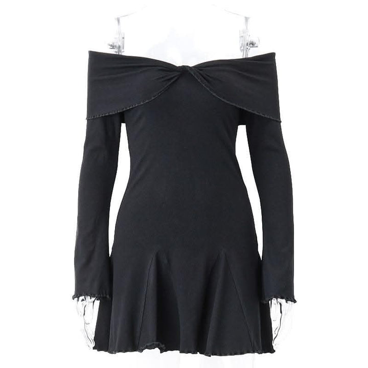 Long sleeve ruffle off shoulder solid ruched mini dress-final-sale  | Festival Outfits Women