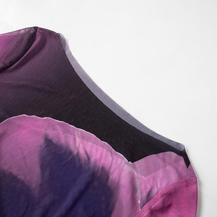 Riga mai dogon hannu mai sheer mesh print crewneck maxi | Kayan Biki na Mata