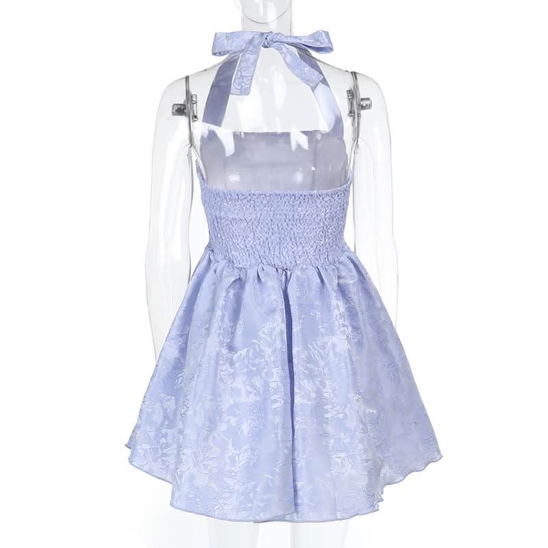 Halter smocked ruched square neck print mini dress  | Festival Outfits Women
