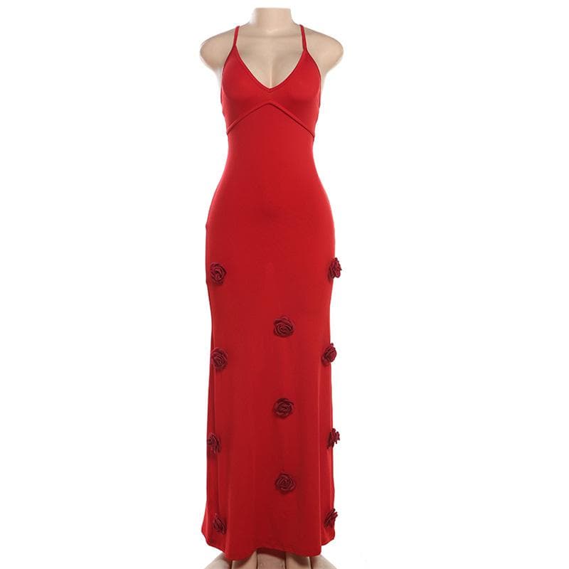 V neck flower applique cross back cami maxi dress  | Festival Outfits Women