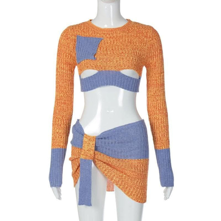 Knitted patchwork contrast long sleeve hollow out mini skirt set-final-sale