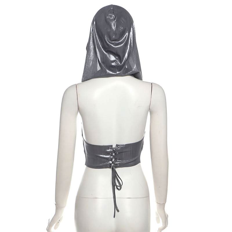 Hoodie metallic backless lace up crop top  | Festival Outfits Women-final-sale