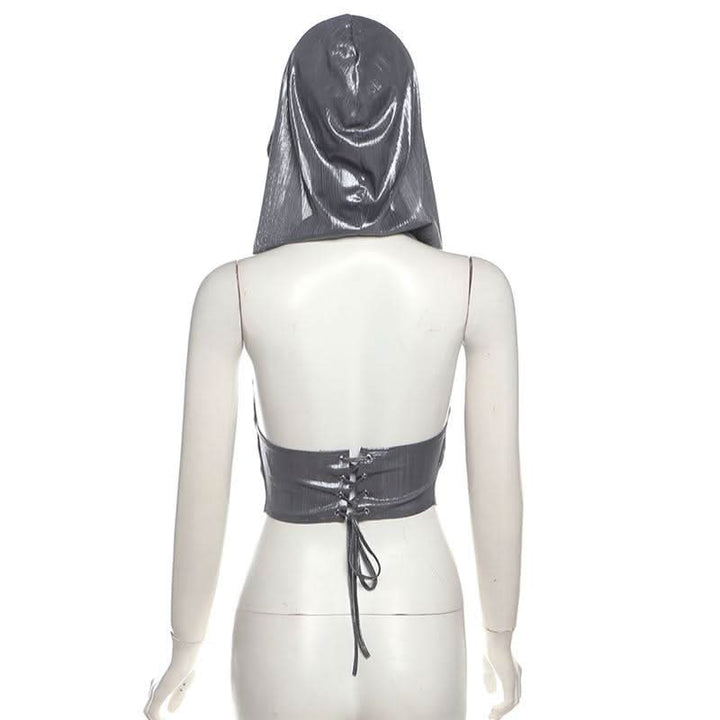 Hoodie metallic backless lace up crop top  | Festival Outfits Women-final-sale