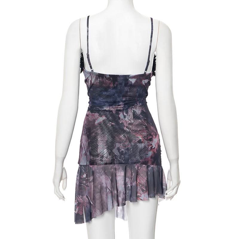 Double layered mesh ruffle hollow out cami cut out mini dress-final-sale