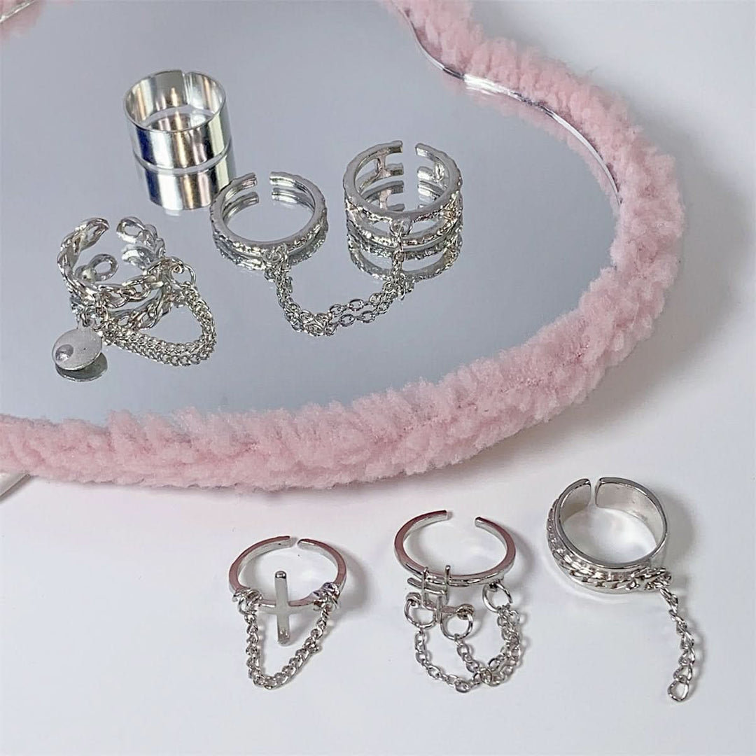 Cross metal chain 7 piece silver ring  | Festival Outfits Women