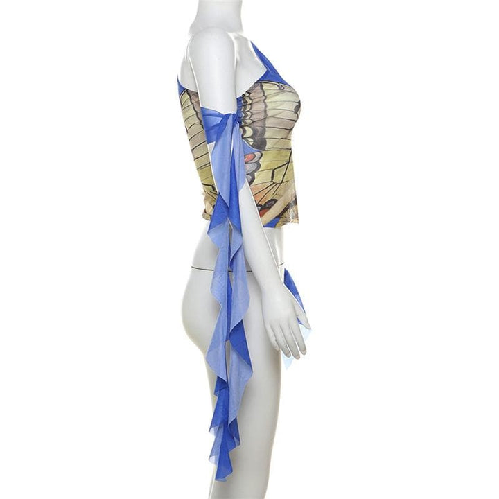 Off shoulder flared sleeve mesh print ruffle top  | Festival Outfits Women