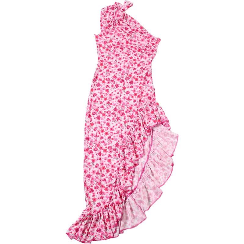 One shoulder knotted slit flower print ruffle maxi dress  | Festival Outfits Women
