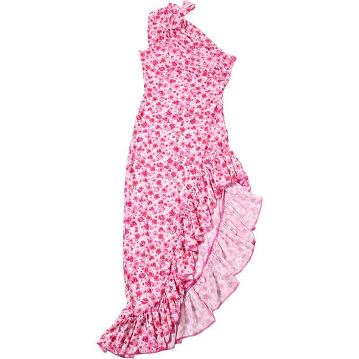 One shoulder knotted slit flower print ruffle maxi dress  | Festival Outfits Women