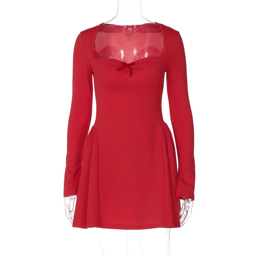 Long sleeve bowknot solid ruched mini dress  | Festival Outfits Women