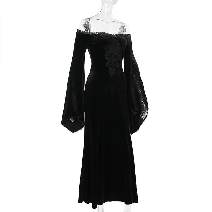 Off shoulder long flared sleeve velvet embroidery maxi dress-final-sale