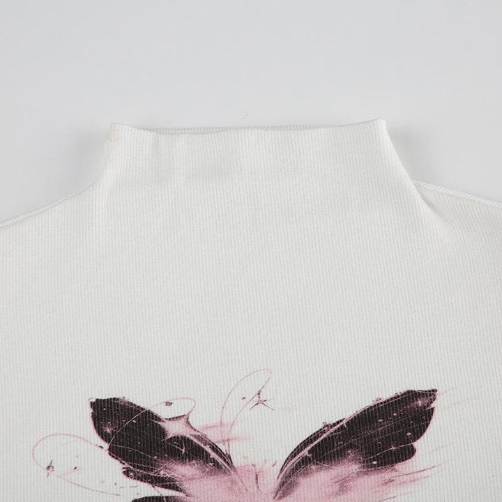 Short sleeve high neck butterfly print bowknot crop top  | Festival Outfits Women