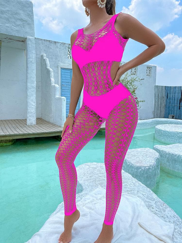 U neck sleeveless hollow out fishnet bodystocking  | Festival Outfits Women
