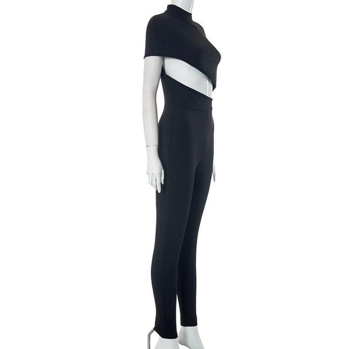 Hollow out irregular long sleeve high neck solid jumpsuit-final-sale  | Festival Outfits Women