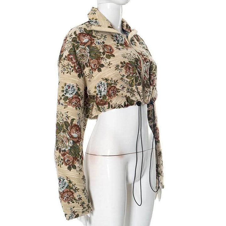 Zip-up long sleeve drawstring flower print top  | Festival Outfits Women