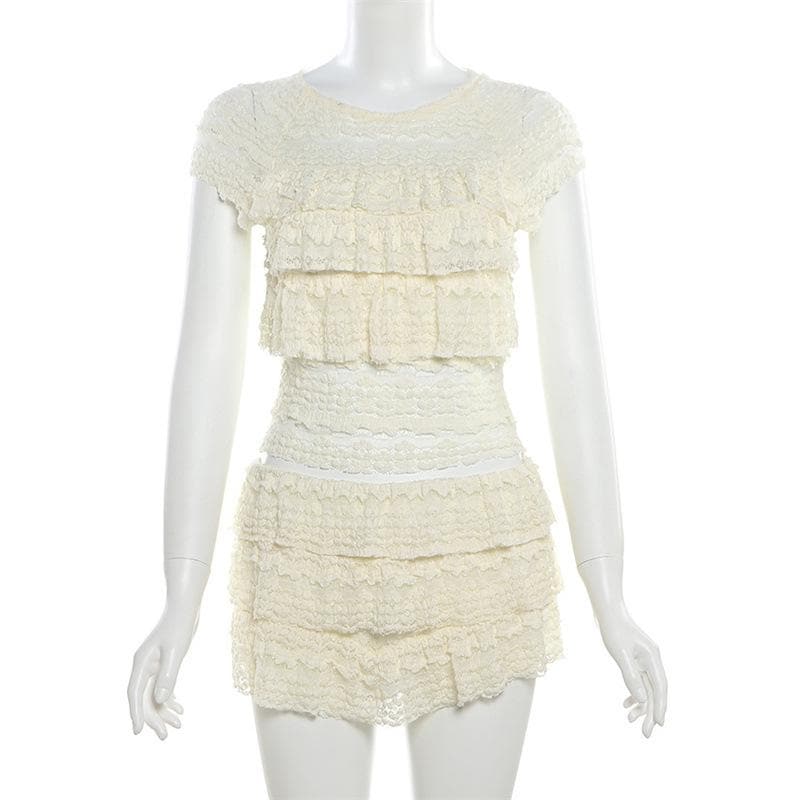 Crewneck cap sleeve textured ruched solid mini skirt set  | Festival Outfits Women