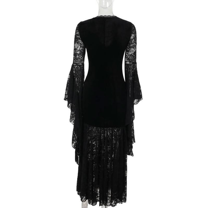 Long flared sleeve lace velvet beaded maxi dress  | Festival Outfits Women