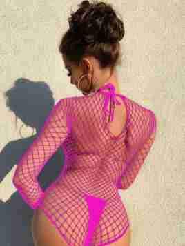 Long sleeve fishnet patchwork lace crewneck bodysuit  | Festival Outfits Women