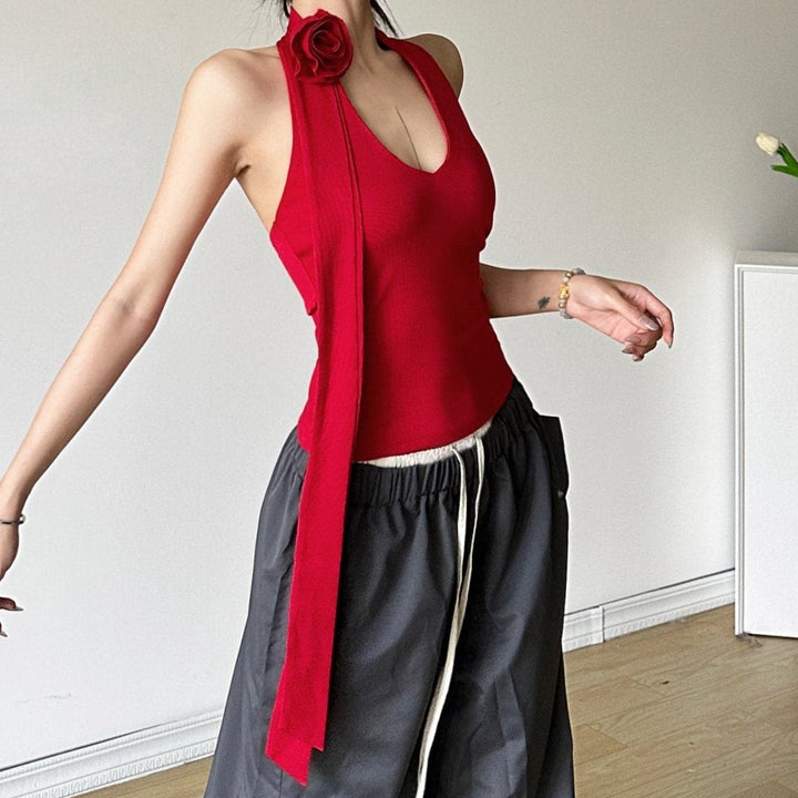 Halter backless flower applique solid top  | Festival Outfits Women