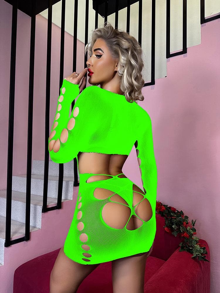 Long sleeve crewneck backless hollow out cut out mini dress  | Festival Outfits Women